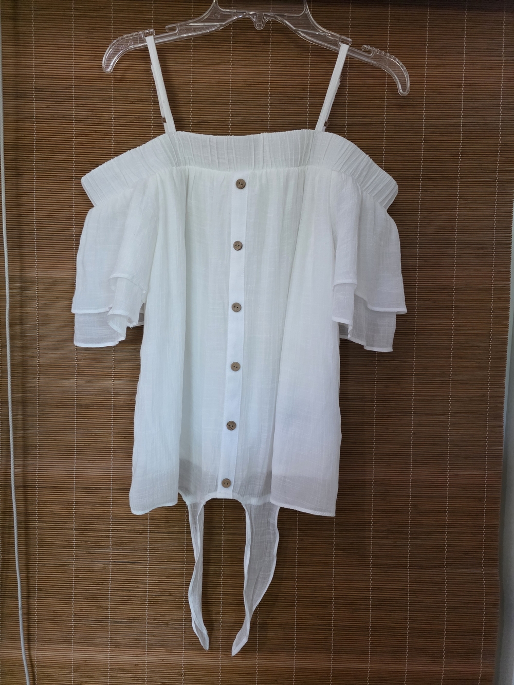BCX White Off-Shoulder Button-Down Tie Front Blouse